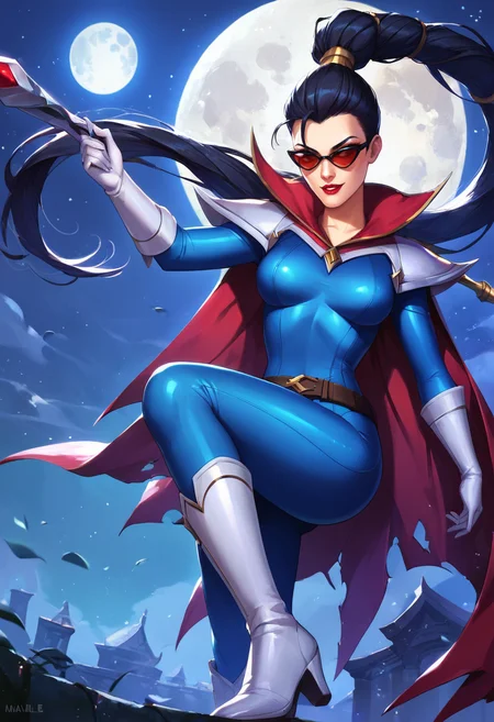 masterpiece,best quality, highly detailed, score_9, score_8_up, score_7_up, score_6_up,<lora:xl_more_art-full_v1:0.8>,source_anime,
BREAK
<lora:vayneXL:0.8>vayne, 1girl, moon, solo, black hair, long hair, night, weapon, bodysuit, full moon, breasts,sunglasses, holding, ponytail, cape, parted lips, blue bodysuit, smile, belt, red lips, gloves, medium breasts, boots