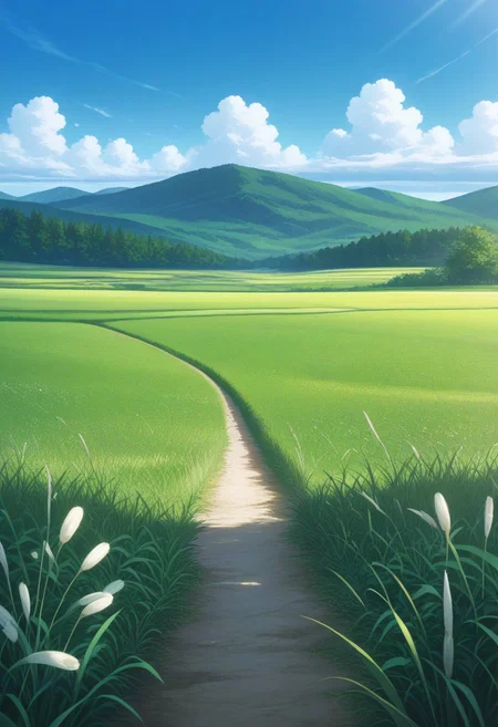 anime landscape, daytime, clear blue sky, fluffy white clouds, scattered clouds, bright sunlight, green field, tall green grass, white feathery reeds, swaying grass, gentle breeze, rolling green hills, distant mountains, blue-green mountains, lush green trees, deciduous trees, trees on hills, trees lining horizon, open field, natural scenery, serene, peaceful, vibrant colors, soft shadows, painted style, illustration, scenic view, pastoral, tranquil, wide perspective, eye-level view, foreground grass, midground field, background hills and sky, layered landscape, organic shapes, smooth gradients in sky, textured grass, detailed foliage, wispy reeds, blueish haze on distant mountains, slightly stylized, cartoonish, bright and airy, natural light, outdoor scene, summer day, countryside, meadow, picturesque, idyllic, untouched nature.