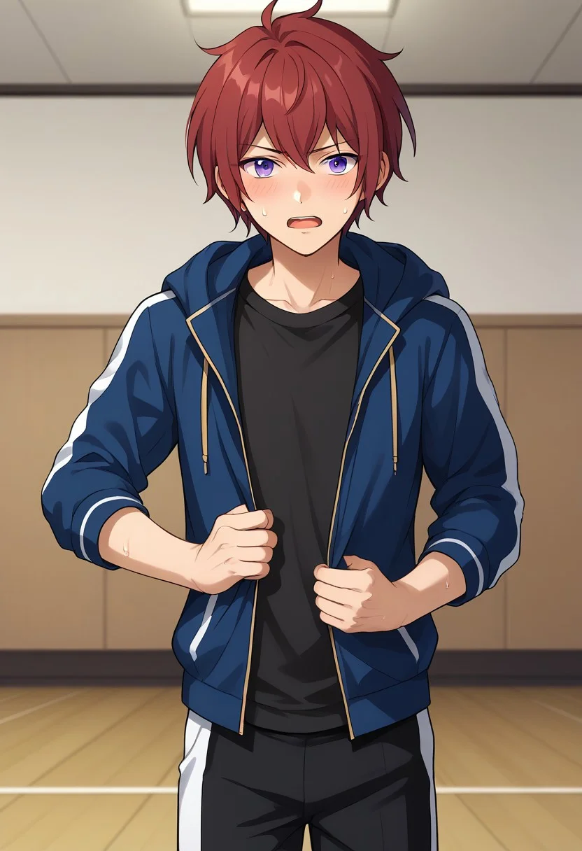 score_9, score_8_up, score_7_up, source_anime, highly detailed,
tsukasasuou, 1boy, male focus, solo, red hair, jacket, track jacket,
track suit, looking at viewer, shirt, purple eyes, pants, open mouth, black shirt, hood, sweat, black pants, sweatdrop, blush, embarassed, parody, upper body
indoor, stage