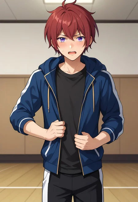 score_9, score_8_up, score_7_up, source_anime, highly detailed,
tsukasasuou, 1boy, male focus, solo, red hair, jacket, track jacket,
track suit, looking at viewer, shirt, purple eyes, pants, open mouth, black shirt, hood, sweat, black pants, sweatdrop, blush, embarassed, parody, upper body
indoor, stage