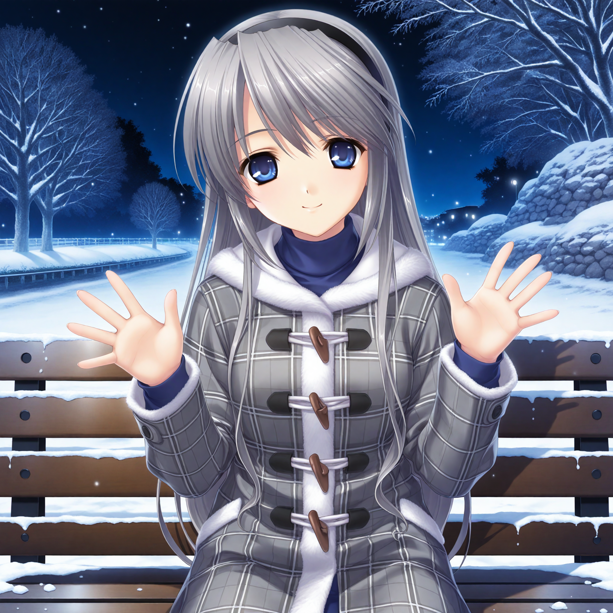 <lora:Sakagami_Tomoyo_1_nai-000028:1>,official art,Sakagami Tomoyo,hairband,
plaid coat,grey coat,
1girl,solo,smile,sitting,on bench,waving,front view,looking at viewer,straight-on,winter,night,snow,