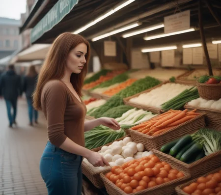 Full body shot, side view. masterpiece, best quality, sharp focus. Realistic photo of Zilaria browsing vegetables at a food market. <lora:Zilaria_epoch_10:1.2>