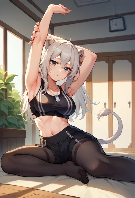 core_9, score_8_up, score_7_up, BotanSuit, long hair, ear piercing, lion tail, black sports bra, dog tags, black shorts, legwear garter, black pantyhose, stretching, arms up, indoors, <lora:CHAR-ShishiroBotanPonyXL:1>