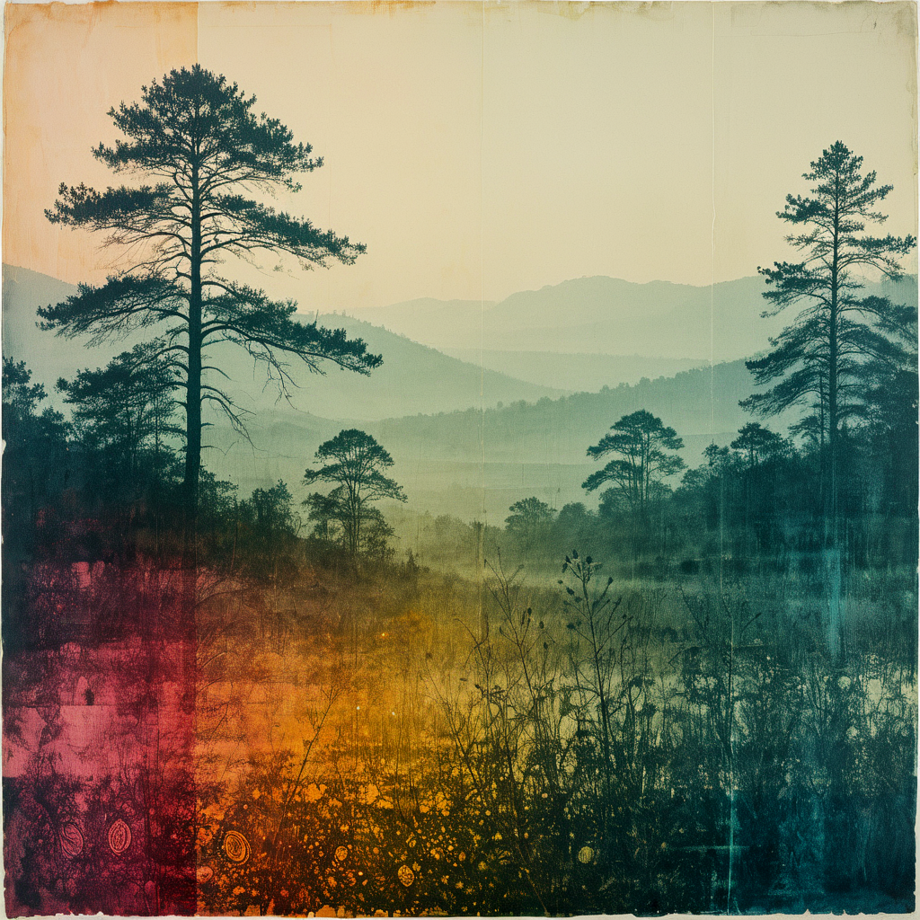 Atmospheric, moody. Double exposure. Color screenprint. Light leaking. Dry print, scraped.

An artistic, faded painting. faded landscape. paisley patterns. Bohemian.

<lora:Screedex01_CE_XL_300-OT:0.6> scrdxCE_style