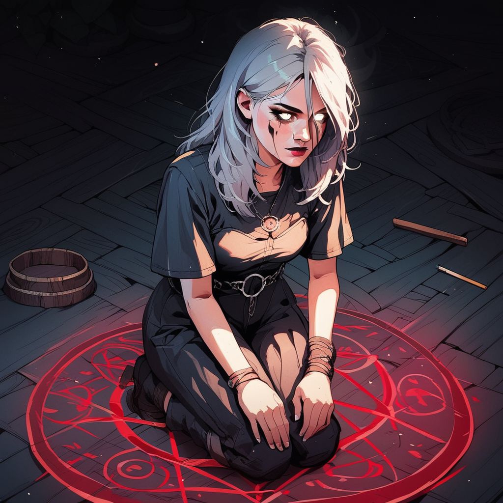 score_9, knva, 1girl, Sable Ward, on knees, chalk circle, performing a magic ritual, white eyes, possessed,