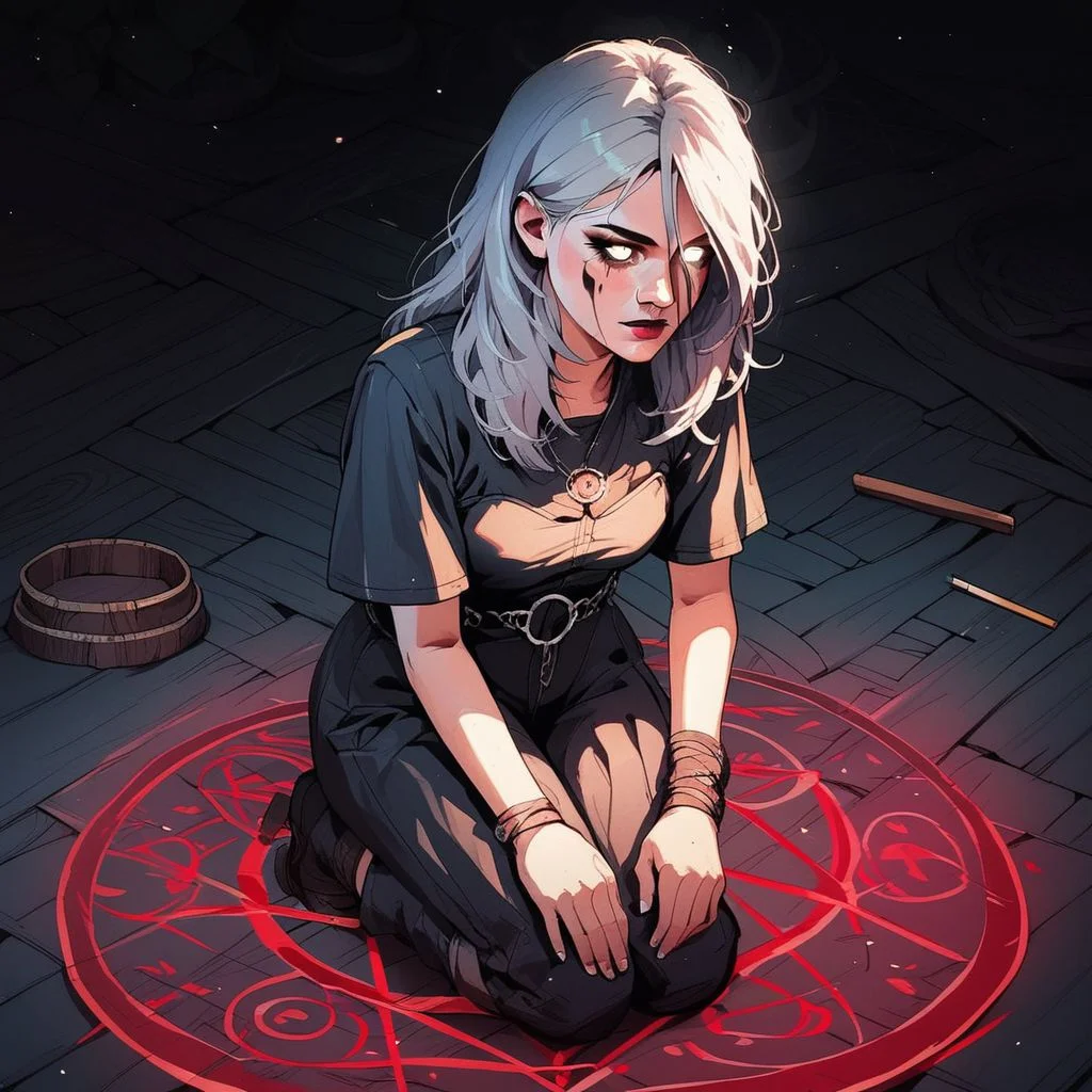 score_9, knva, 1girl, Sable Ward, on knees, chalk circle, performing a magic ritual, white eyes, possessed,