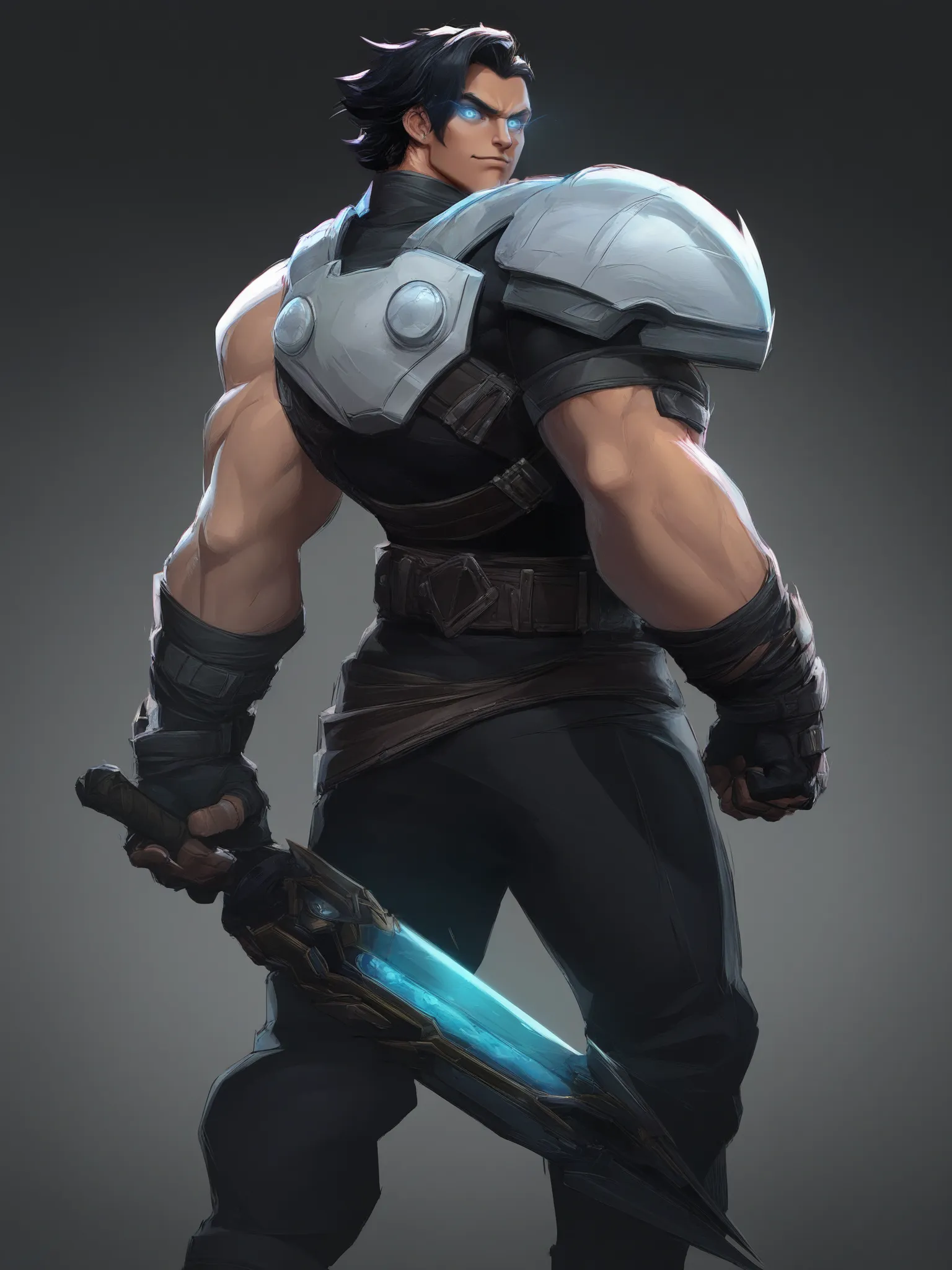 1girl, standing, looking back at viewer, masterpiece, best quality, high score, 
 <lora:Marvel_Rivals_Concept_Art_Style:1>,1boy, male focus, holding weapon, muscular male, glowing eyes, fingerless gloves, closed mouth, smile, black gloves, belt, jewelry, blue eyes, shoulder armor, clenched hand, manly