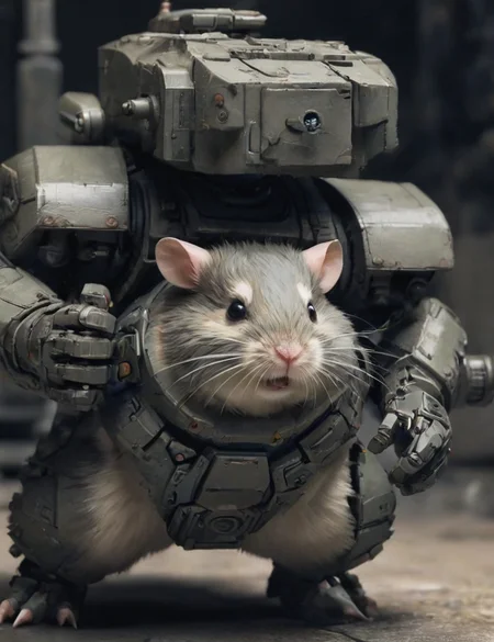 concept art, depiction of an epic and armored mech-hamster ready for battle, deep shadow, cinematic, contrast <lora:- SDXL - amredpll_armored_style_V1.0:.8>