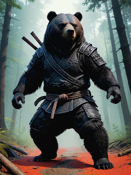 impactful color paint of The ninja bear with the silent movement , forest, mascot design, illustration, <lora:Bold_Pop:0.6> ........... highly detailed, vibrant colors , 8k, sharp, professional, clear, high contrast, high saturated, , vivid deep blacks, crystal clear