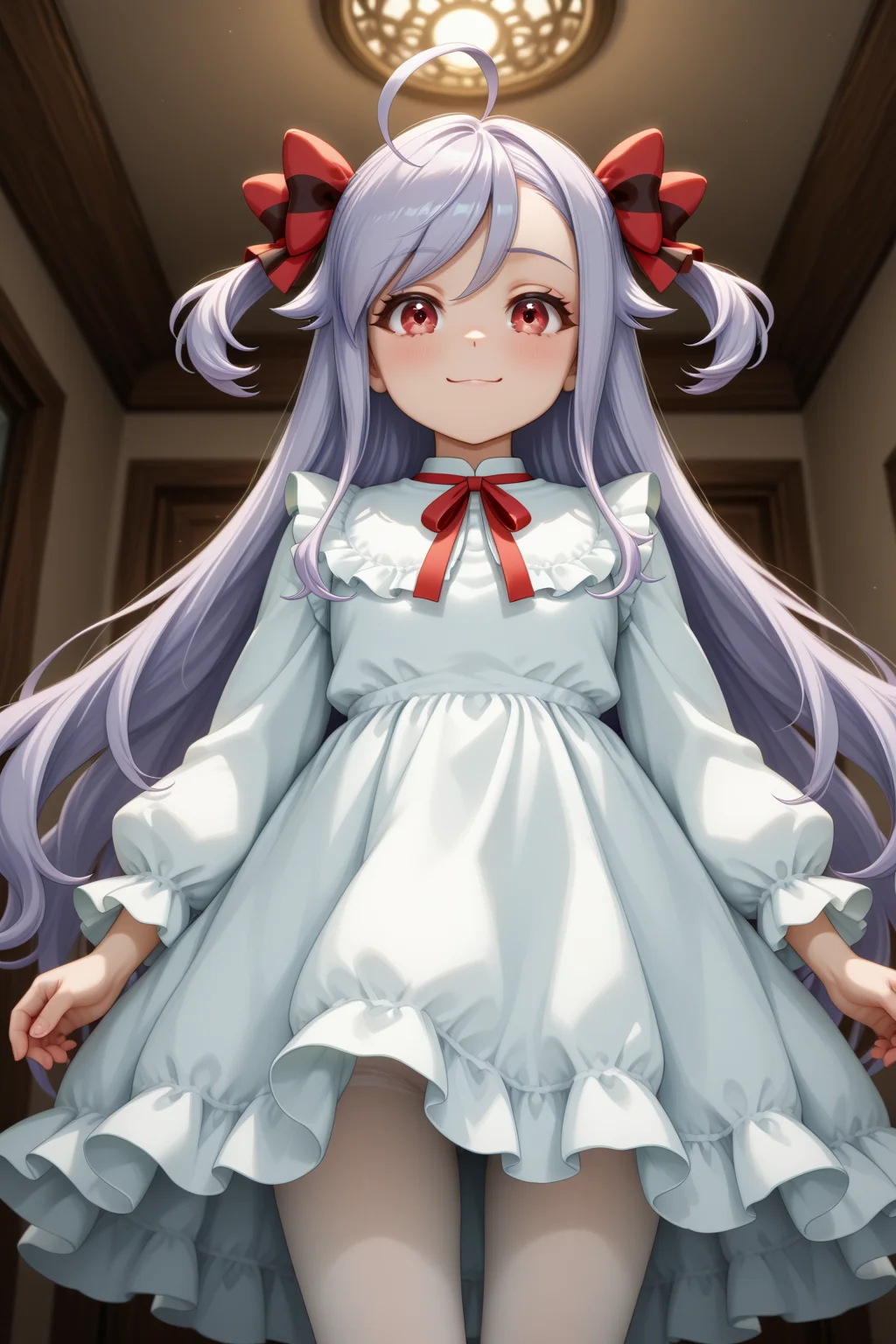 masterpiece, best quality, amazing quality, 1girl, solo, makeup, perspective, general, looking at viewer, cowboy shot, smile, blush, <lora:Niizuma_Yae_SIRIUS:1>, Niizuma_Yae_SIRIUS, long hair, red eyes, hair bow, red ribbon, purple hair, two side up, ahoge, sidelocks, swept bangs, dress, white dress, frilled dress, neck ribbon, long sleeves, puffy sleeves, white pantyhose, <lora:wai-2Rectified-V140:1>, <lora:illustrious_noobai_epsilon_pred_1_masterpieces_v1:1>