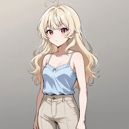 1girl, 3v4ngl13, pale blonde hair, red eyes, camisole, trousers,