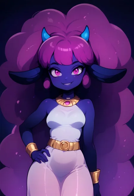 score_9, score_8_up, score_7_up,  pretty girl, vivid bright colors, highly sexual poses,  pinup art, solo, 
BREAK,
zzDaedream, long floating hair, big hair, purple skin, 1girl, blue horns, glowing pink hair, pink eyes,  gradient hair, purple hair, starry hair, animal ears, long ears, space background, starry sky, glowing,
BREAK,
white dress, gold belt, gold bracelets,
BREAK,
solo, smile, blush, looking at viewer,  contrapposto, hip to the side, hand on hip,