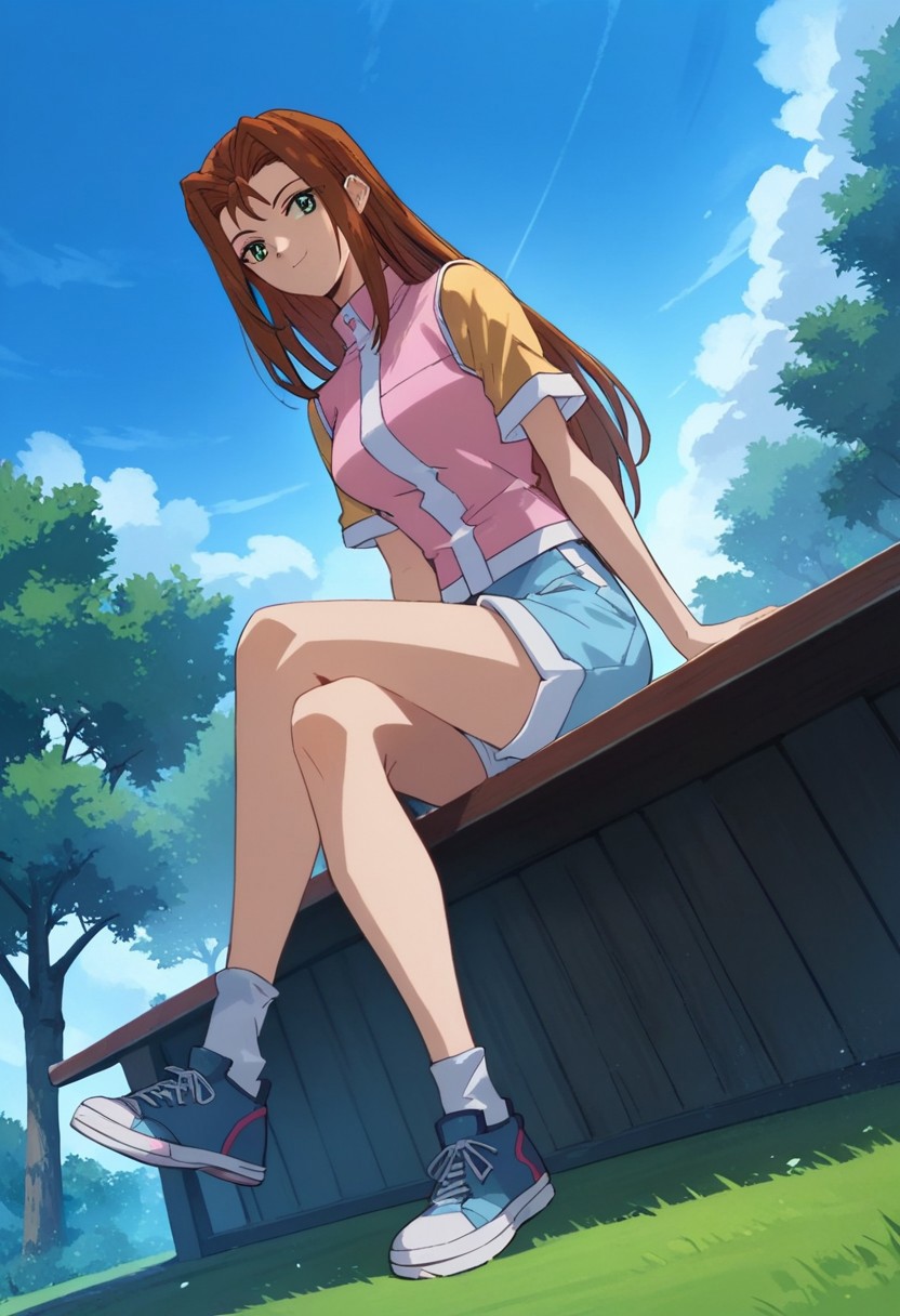 score_9, score_8_up, score_7_up
YGOSerenityWheeler, 1girl, long hair, brown hair, hair intakes, green eyes, brown eyes, yellow shirt, short sleeves, pink vest, blue shorts, white socks, blue foorwear, sneakers, solo,
Rating_safe
uncensored, score_9__up, score_9, score_8_up, score_8, score_7_up, score_7, score_6_up, score_6, score_5_up, source_anime, anime screencap, anime coloring, highres,
bare shoulder, breasts, bare feet, toes
smug, sitting, crossed legs, outdoors, 1girl, bench, trees, sky, clouds, sun, looking at viewer, day, forest, cowboy shot, upper body focus, (Dutch angle:1.4)