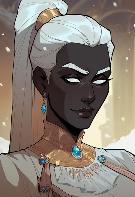 score_9, score_8_up, score_8, score_7_up, score_7, score_6_up, score_6, score_5_up, Score_5,human female, obsidian black skin, onyx black skin, round eyes, white eyes, small eyes, beautiful face, aesthetic face, narrow face, narrow nose, long nose, round ears, white eyebrows, long white hair, high ponytail, very tall, curvy, elegant, royal, aristocratic, majestic, chin up, seductive smile, slender. Silver jewelries. White jewelries. Blue jewelries. Lots of jewelries. White bracers, tight white dress,, vox machine style, 1girl, female focus, solo, portrait,   background of snow-covered landscape, fantasy, (dynamic lighting:1.1)
((masterpiece))