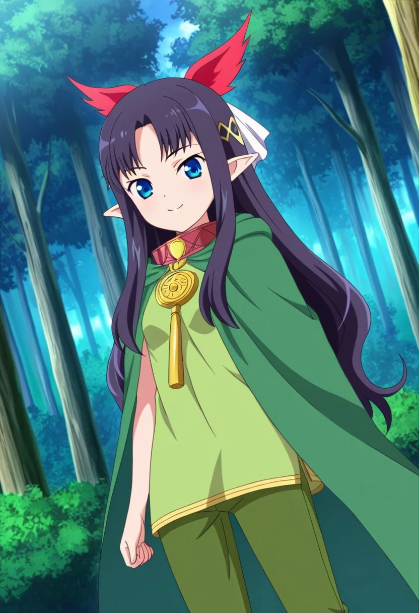 general,highres, ultra-detailed,very aesthetic,best quality ,best hands,best eyes,easynegative,
dynamic anglre, dutch angle, anime cloring,anime screencap,
1girl solo,looking at viewer,forest, smile, standing, 
Yuit,black_hair, long_hair, blue_eyes, pointy_ears, hair_ornaments,small breasts, short body, petite,green cloak, green shirt, green pants,