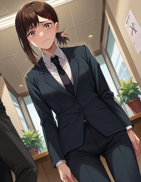 score_9, score_8_up, score_7_up, source_anime,
kobeni-higashiyama, <lora:kobeni-higashiyama-ponyxl-lora-nochekaiser:1>,
kobeni higashiyama, black hair, hair ornament, hairclip, mole, mole under eye, ponytail, short hair, brown eyes, crying, frown,
black necktie, black pants, business suit, formal, long sleeves, necktie, pants, suit,
indoors, office,
looking at viewer, cowboy shot, dutch angle,