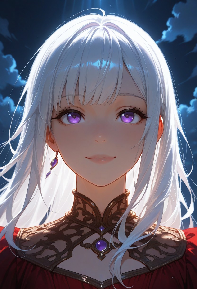 1girl, Aerea Targaryen, A song of Ice and Fire, DnD, Long Lustrious Hair, white Hair, Long white Hair, purple eyes, innocent eyes, young woman (between ages of 18-20), lovely smile, dark background, wearing a red dress, 1girl, childish features, sole girl, dynamic lighting, dynamic angle, cloud, volumetric lighting, blue sky, portrait, upper body,