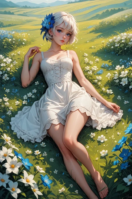 score_9, score_8_up, score_7_up,
<lora:OdinSphereGwendolyn:0.8>
OdinSphereGwendolyn, 1girl, white hair, short hair, blue eyes, hair ornament, looking at viewer, lying down in a field of white flowers, dress, barefoot, looking at viewer, blushing