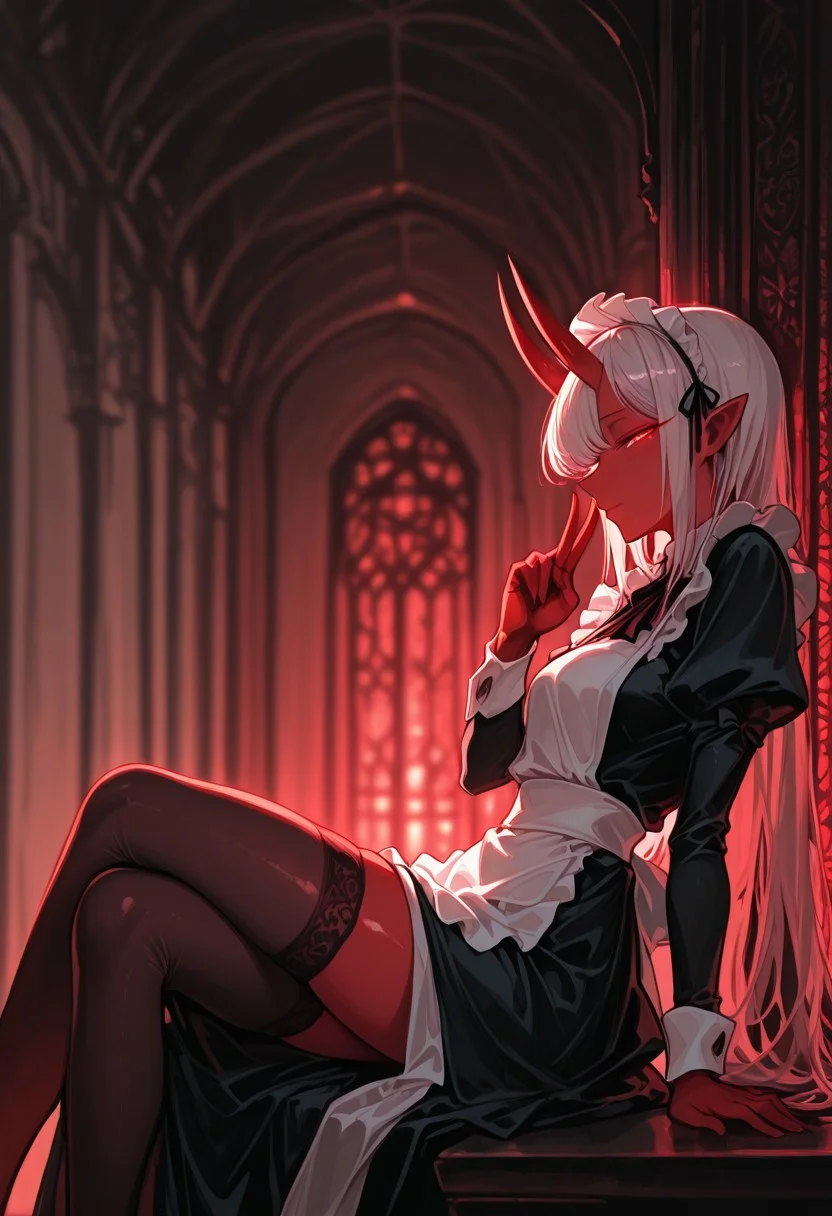masterpiece, best quality, good quality, very awa, newest, highres, absurdres,(EyesHD:1.2), (4k,8k,Ultra HD), masterpiece, best quality, ultra-detailed, very aesthetic, sharp focus, depth of field, ray tracing, best lighting, detailed illustration, detailed background, cinematic, beautiful face, beautiful eyes, 
BREAK
detailed background, eyelashes, erotic, looking seductive, coy. dynamic action image, detailed face, detailed eyes, direct mesmerizing gaze, 
BREAK
(sexy, slutty, hot, aroused), 
Aka-Oni, oni, colored skin, (red skin:1.3), straight horns, solo,
BREAK
96yottea, 
1girl, solo, looking at viewer, half-closed eyes, one eye closed, leaning back, 
two-finger salute, 
crossed legs, thighhighs, detailed eyes, glowing eyes, 
long dress, maid, maid headdress, interlocked fingers,  arms support, 
backlighting, from side, profile,