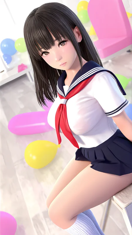 amazing quality,absurdres,best quality,masterpiece,highres,newest,detailed,detailed body,detailed face,masterpiece,best quality,solo,
kana,1girl,solo,black hair,skirt,socks,kneehighs,school uniform,brown eyes,long hair,breasts,white socks,<lora:kana:0.8>,balloon,