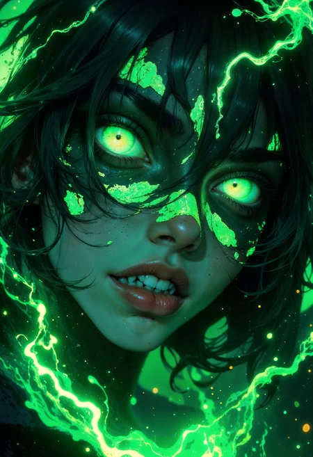 a close-up of a fantastical female face with striking features. The skin is pale, almost ethereal, contrasting with the vibrant neon green elements that dominate the composition. Her eyes are glowing with an intense yellow-green hue, resembling a cat's eye with a vertical slit pupil. The lips are dark, with a shimmering green tint, and reveal sharp, fang-like teeth. Her hair is dark, flowing, and interwoven with luminous green strands that appear to emit light, creating a mystical aura. The overall style is surreal and otherworldly, with swirling patterns and glowing particles enhancing the magical atmosphere. The image is rich in contrast, with the bright green elements standing out against the darker tones, creating a visually captivating and mysterious effect.