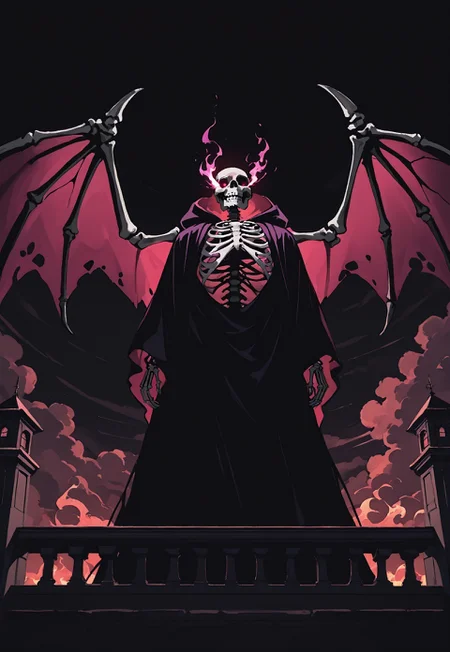 content_safe, safe_pos, score_9, score_8_up, score_7_up, 
High Quality, Solo
Male, Muscular male, Zombie Lich Overlord(skeleton face), large skeletal bat wings, Tattered robes, magical energy, flaming eyes, dark energy
standing on  the edge of a large balcony
Large imposing tower, evil architecture, high up in the clouds
Shot from behind, high shot, black background, blending, 