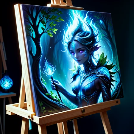 High key photography style with bright, well-lit scenes and minimal shadows, In a dimly lit scene, (a Sylvari using an easel, painting on a canvas with glowing, bioluminescent sap from plants:1.3), creating a vibrant, glowing masterpiece that lights up the dark surroundings, Painting with Bioluminescence, close up shot, medium shot, hyper-maximalism, high quality,v high quality shadows, close up shot, medium shot, high key, bright scenes, minimal shadows, airy, cheerful, optimistic, clean, uplifting,In a dimly lit scene, (a Sylvari using an easel, painting on a canvas with glowing, bioluminescent sap from plants:1.3), creating a vibrant, glowing masterpiece that lights up the dark surroundings, Painting with Bioluminescence, close up shot, medium shot, hyper-maximalism, high quality,v high quality shadows, close up shot, medium shot