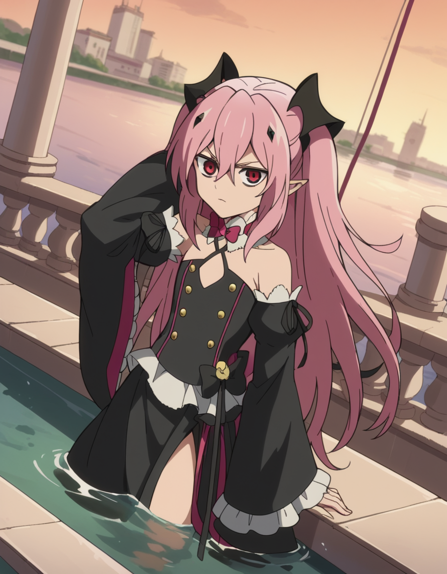 score_9, score_8_up, score_7_up, source_anime, <lora:krul-tepes-s2-ponyxl-lora-nochekaiser:1>, krul tepes, long hair, red eyes, pink hair, pointy ears, hair ornament, anime screencap, dress, bare shoulders, detached sleeves, wide sleeves, detached collar, black dress, bowtie,, canal, water, boats, city, narrow, , hand behind head, , looking at viewer, solo,, dutch angle, cowboy shot