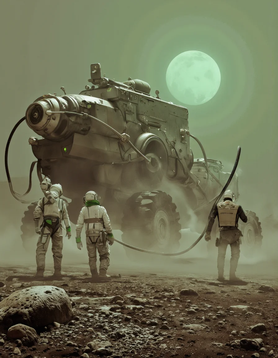 Art by Col Price & Jeffrey Catherine Jones.
A digital illustration shoot from a low angle about a futuristic scene featuring two robotic vehicles on a barren landscape with a large, heavy-duty vehicle in the background. the scene is set against a misty, greenish sky with a bright, glowing green moon in the distance. the image also shows two humanoid figures, both wearing white suits with green accents, standing in the foreground, facing away from the viewer. on the left side of the image, a humanoid robot with a robotic arm is positioned, while on the right side, another humanoid robot is standing, holding a long, black hose. the robot has a sleek, metallic body and large, black tires. the ground is covered in small rocks and dirt, and the overall atmosphere is desolate and desolate. the overall style is reminiscent of a sci-fi or space-themed illustration, with a focus on science fiction and technology.