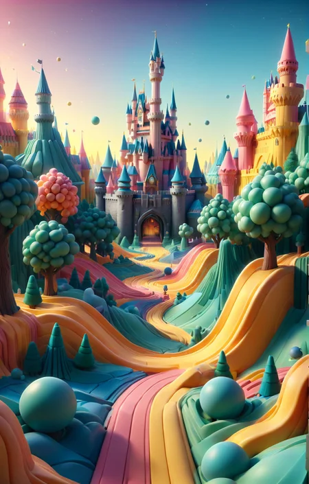 3d isometric, blender render, soft colorful-hued colors, rbbrwrld, disneyworld castle, (perspective vanishing point) <lora:rbbrwrld-000019:1> Two tone lighting, abstract geometric gradients, geometric shapes, simple background