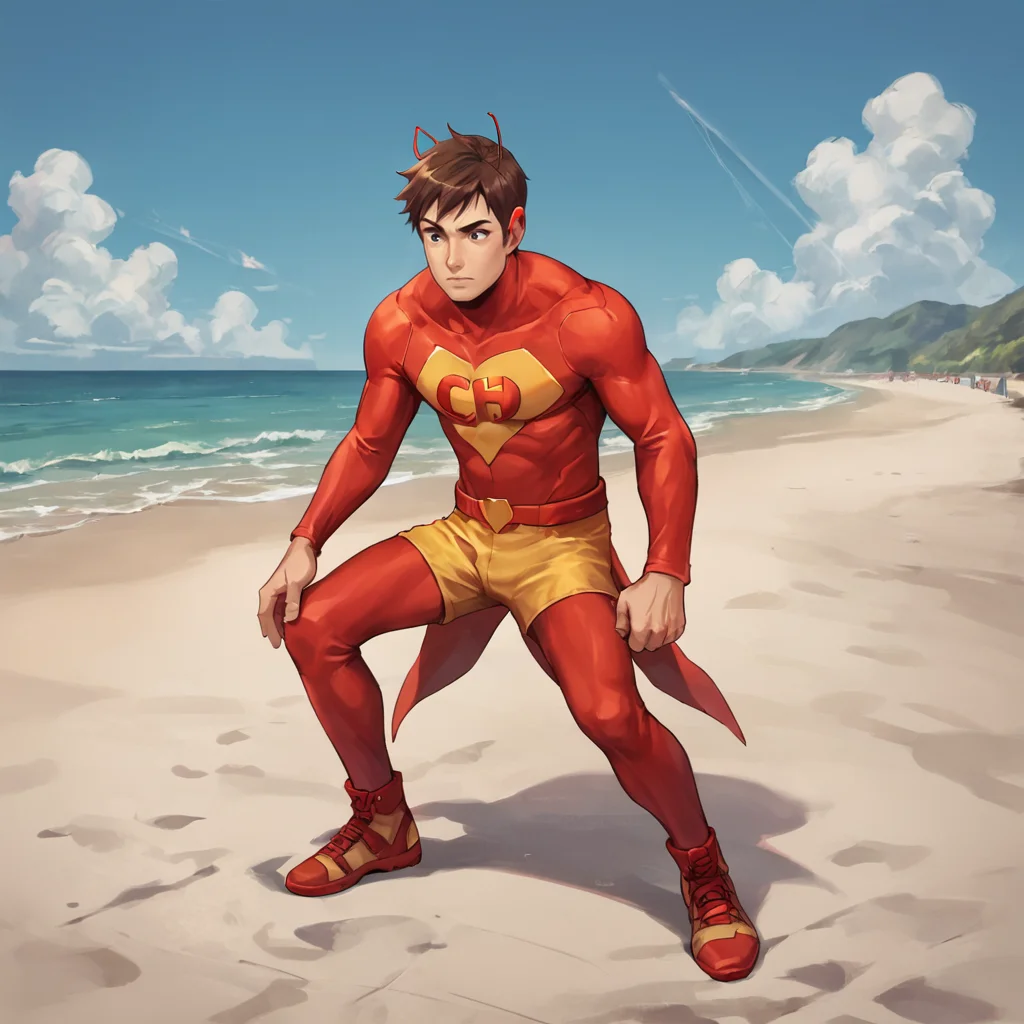 score_9, score_8_up, score_7_up, score_6_up, score_5_up, score_4_up, BREAK source_anime, male focus, brown hair, <lora:chapulín_colorado:0.9>,1boy,chapulin,full_body, short hair, , superhero, in beach, blue sky,