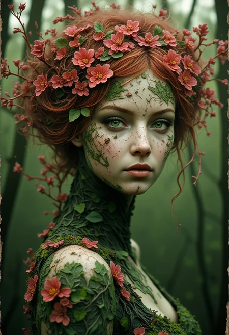 artwork in the style of Geoff Taylor to show a dark fantasy dead forest landscape, sunset, covered in tree roots and leaves. a dryad plant flower woman is half the focus of the poster. petals. tree. green emerald eyes. dryad. monster girl. bugs. hair ornament. floating hair. plant girl. tree spirit with light skin. almost melancholic undertone. fair porcelain skin. fiery red hair with a few strands framing her face. almost melancholic undertone. fair porcelain skin. fiery red hair with a few strands framing her face. high definition detail. relaxed shoulders. glamorous women art. photo-realistic. featuring woman with striking pose. giving impression of tranquility or possibly a dreamlike state. 1900s photo deep field vignette antique-style effect.