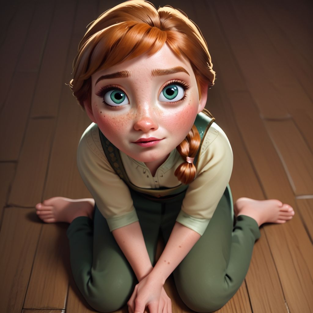 score_9, score_8_up, score_7_up, score_6_up, score_5_up, score_4_up, Anna, freckles, sitting on the floor, barefoot, looking up at viewer