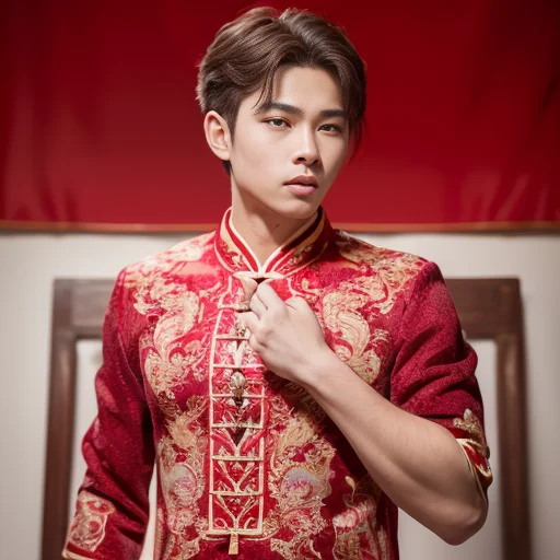 (8k, RAW photo, best quality, masterpiece:1.2), (realistic, photo-realistic:1.4), ultra-detailed, (young male internet celebrity),perfect detail , make up,(upper body shot:1.1),China Jiangnan water town style, a man, a dress with a red and gold pattern on it<lora:nzshs-10:0.8>