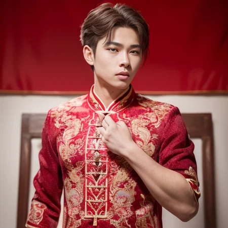 (8k, RAW photo, best quality, masterpiece:1.2), (realistic, photo-realistic:1.4), ultra-detailed, (young male internet celebrity),perfect detail , make up,(upper body shot:1.1),China Jiangnan water town style, a man, a dress with a red and gold pattern on it<lora:nzshs-10:0.8>