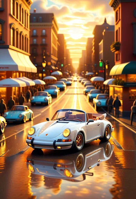 ispzxll, diorama, isometric, miniature, volumetric lighting style, intricate details, wide angle, ultra-detailed, white porsche convertible car, wet pavement, crowded busy city street, reflective surfaces, glossy, golden hour, long shadows, fluffy clouds, sun rays shining through, 8k
