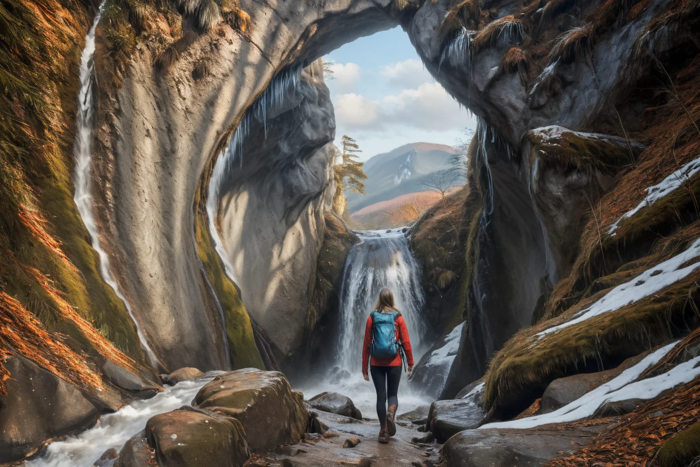 Hyperrealistic art professional photo, woman hiking in mountains, autumn winter, scenery, path through cliffs up to hill to rock window, waterfall, forest, (dramatic sky, journal cover shot, natural colors, correct white balance, color correction, dehaze,clarity), . Extremely high-resolution details, photographic, realism pushed to extreme, fine texture, incredibly lifelike <lora:When_autumn_meets_winter_XL:1>