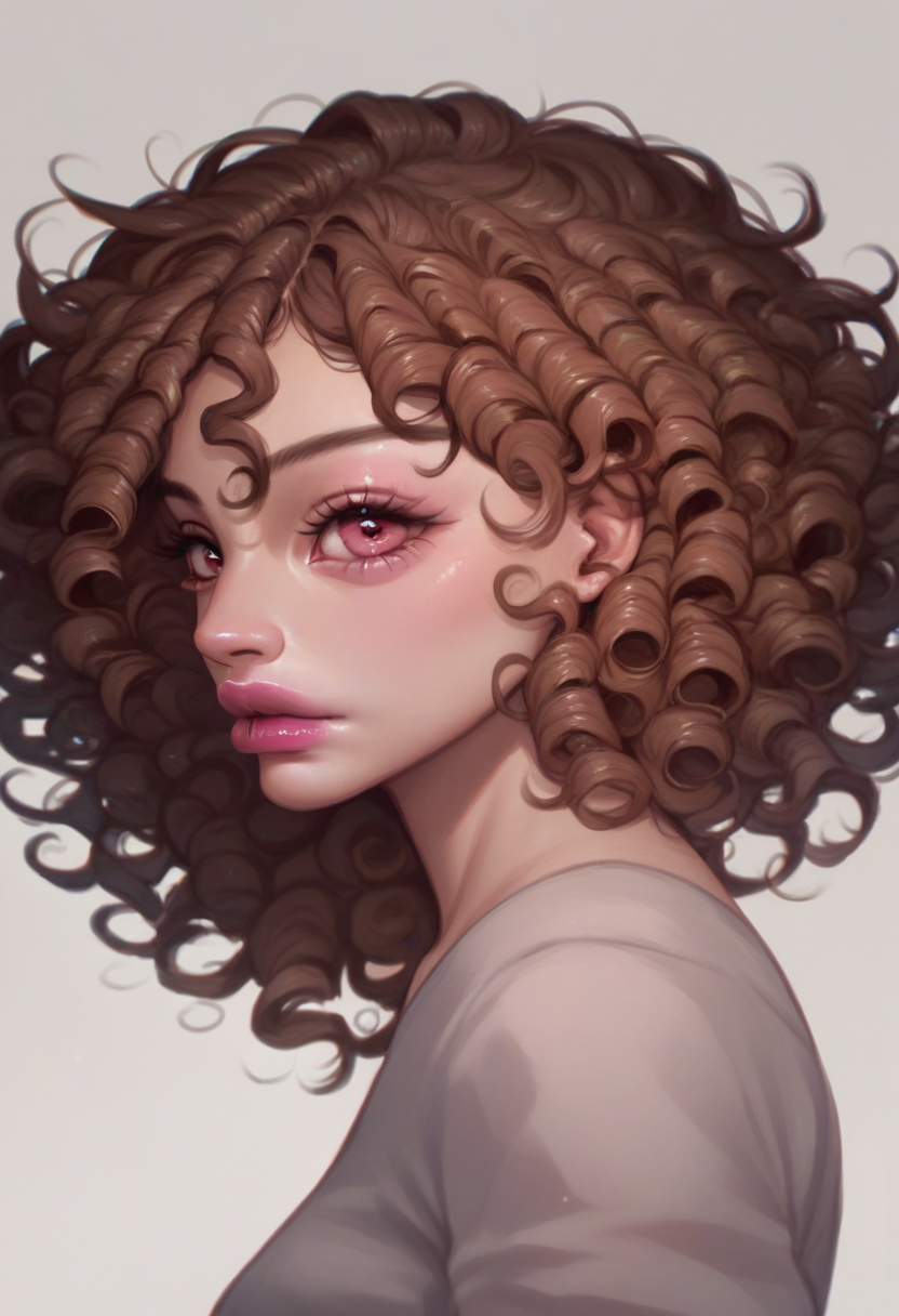 score_9, score_8_up, score_7_up, score_6_up, <lora:jelly_v0.5-pony:1> 
1girl, profile, looking at viewer, pink eyes,
lipstick, puckered lips, short hair, 
curly hair, brown hair,