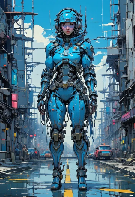 digital artwork in the style of cknc, amazing cyberpunk anime artwork, thin lines, sharp, woman, maxtac, wearing blue and black robotic body suit, stading in the middle of a road of cyberpunk city under neon lights<lora:BLUE_mk4_angel_FLUX_03:1.3> <lora:CPA:1> <lora:FLUXEvolyzedV1:1>