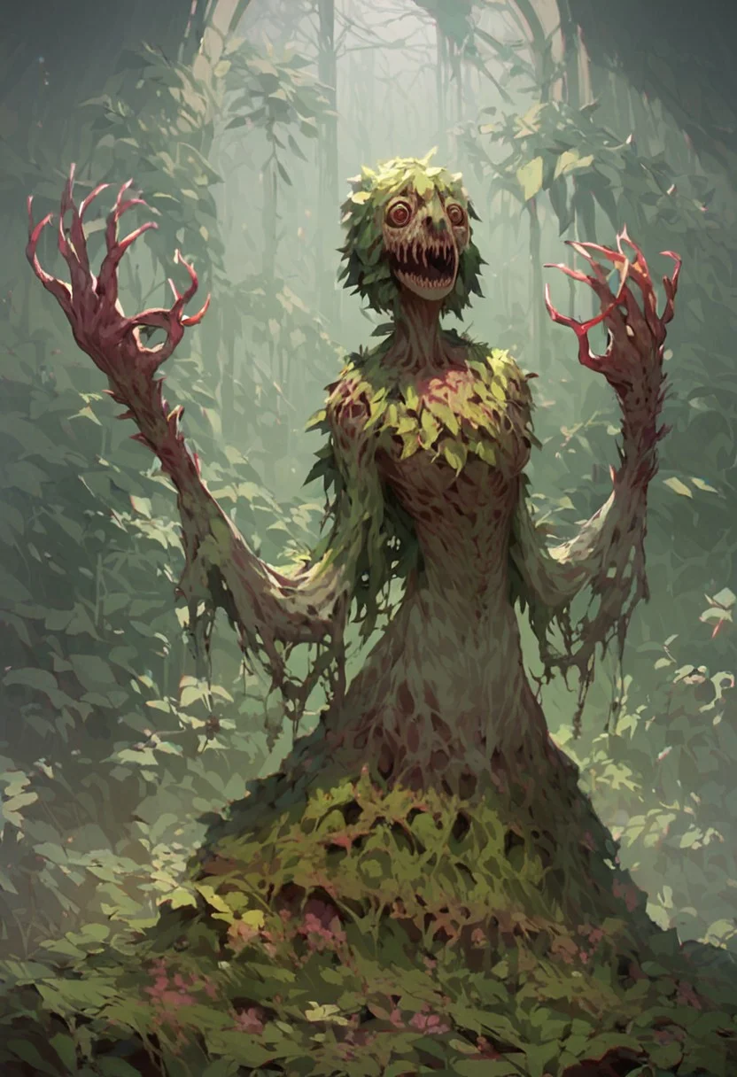 Masterpiece, very realistic, score_9, score_8_up, score_7_up, Source plant character, Plant transformation, solo, digital art, human/plant, body is becoming plant, plant character, anime girl, plant girl, monster girl, horrifying, scary character, horror art style, creepy background