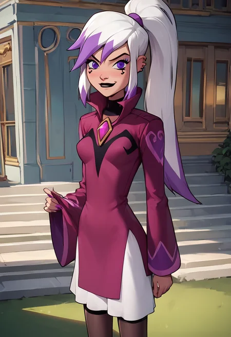 charmcasterm, makeup, piercing, purple eyes, dress,ponytail, smirk,  <lora:Charm-08:1>