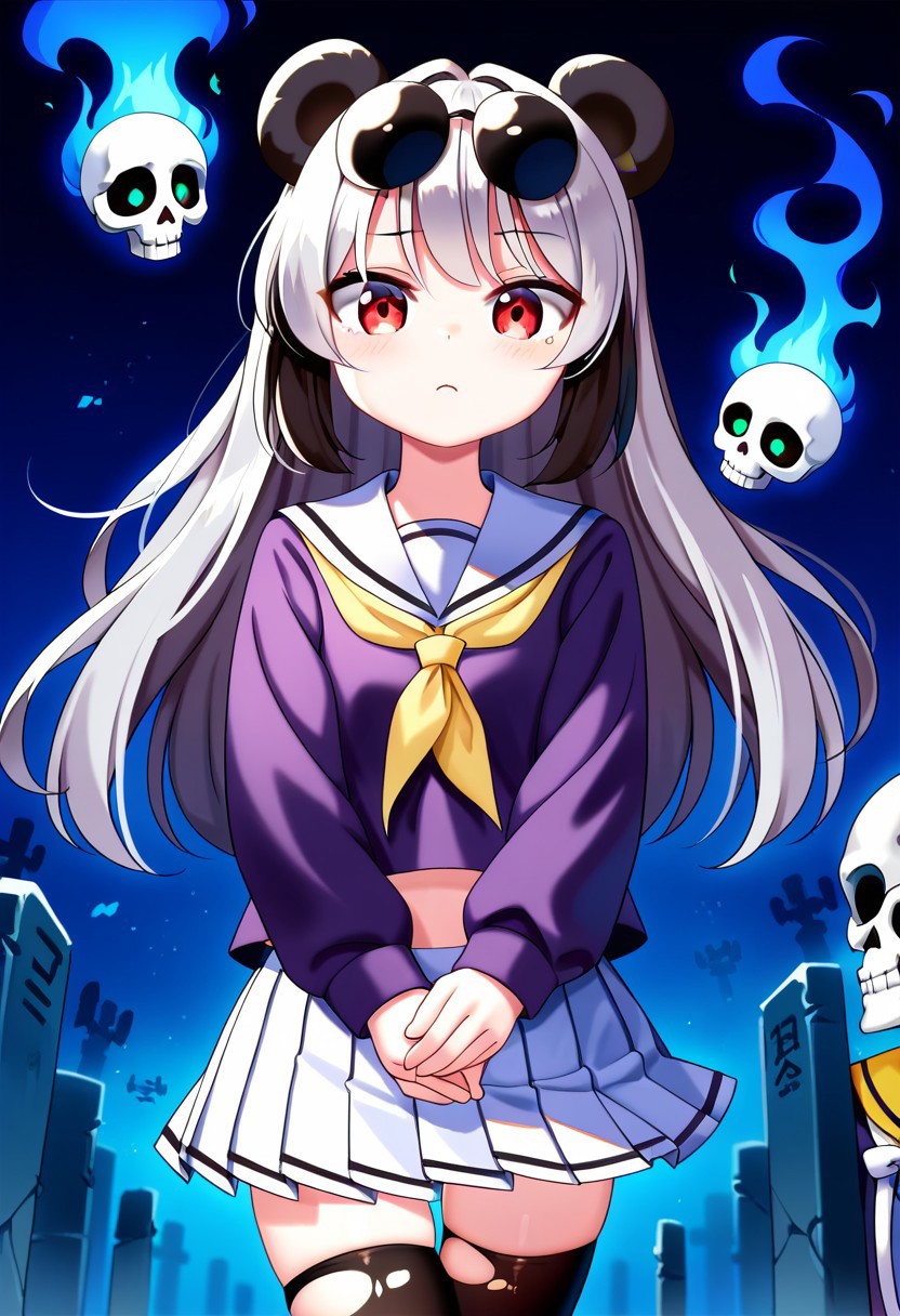 score_9, score_8_up, score_7_up, score_6_up, score_5_up, score_4_up, meimei, panda girl, long hair, black panda ears, black ears, (gray hair: 1.2), (red eyes: 1.2), skull eyes, skirt, school uniform, pleated skirt, serafuku, white skirt, shirt , purple shirt, sailor collar, white sailor collar, long sleeves, handkerchief, yellow handkerchief, long stockings, (torn clothes:1.2), skeleton hand, floating, blue fire in the adomen, in a cemetery, frowning, annoying, blue fire,looking at the viewer