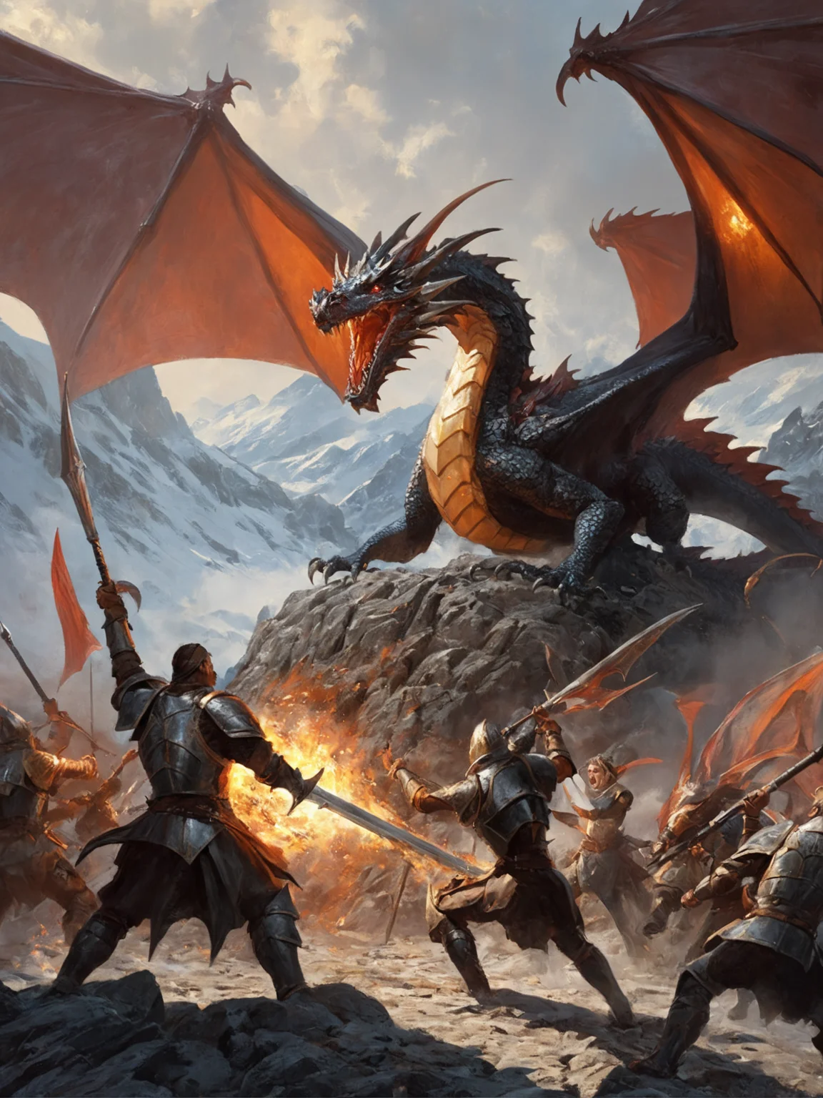 masterpiece, best quality, greg rutkowski,
winged dragon, weapon, sword, breathing fire from mouth, fantasy, armor, holding weapon, holding sword, battle, scenery, mountain, outdoors, multiple people
, very detailed, high resolution, sharp, sharp image, 4k, 8k,