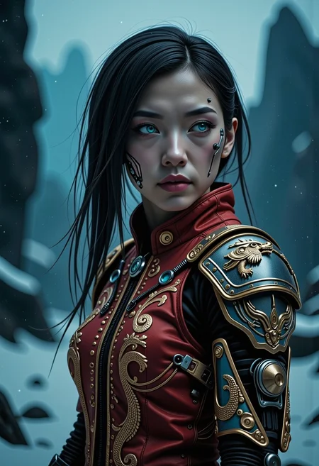 a post-apocalypse portrait of a young beautiful cyberpunk Chinese woman with cybernetic implants and mechanical_arms and pale skin and long dark hair, blue mystical make up, striking white eyes with , pale blue lips. She wears an ornate, traditional garment in red gold and blue with dragon-like designs on the shoulders. Set against a blurred snowy landscape with dark rocks and trees creating a serene mystical atmosphere. The style focuses on realistic textures, intricate details, and ethereal beauty, evoking a contemplative, mystical mood. <lora:scifi/fluxAugments_v2:08> <lora:flux/aidmaImageUpgrader-FLUX-V0.2>, aidmaimageupgrader, <lora:Magic of Art 2 (FLUX)>, Cinematic style, Beauty, Realism, Photorealism, Chiaroscuro, High quality, <lora:flux/mjv6_lora flux.safetensors_converted>