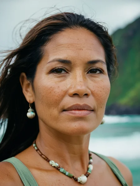 a 45yr old Native Hawaiian women, (cloudy day|shoal) background, RAW photo, editorial photograph, film stock photograph, cinematic, (awestruck), Intricate, Freckles, soft focus. 8k, highly detailed, detailed skin texture, natural skin texture, detailed cloth texture, perfect eyes, detailed eyes, (high quality, best quality:1.3), Extremely high-resolution, amateur photo, Fujifilm Superia Premium 400, Nikon D850 film stock photograph Kodak Portra 400 camera f1.6 lens, 8k, UHD