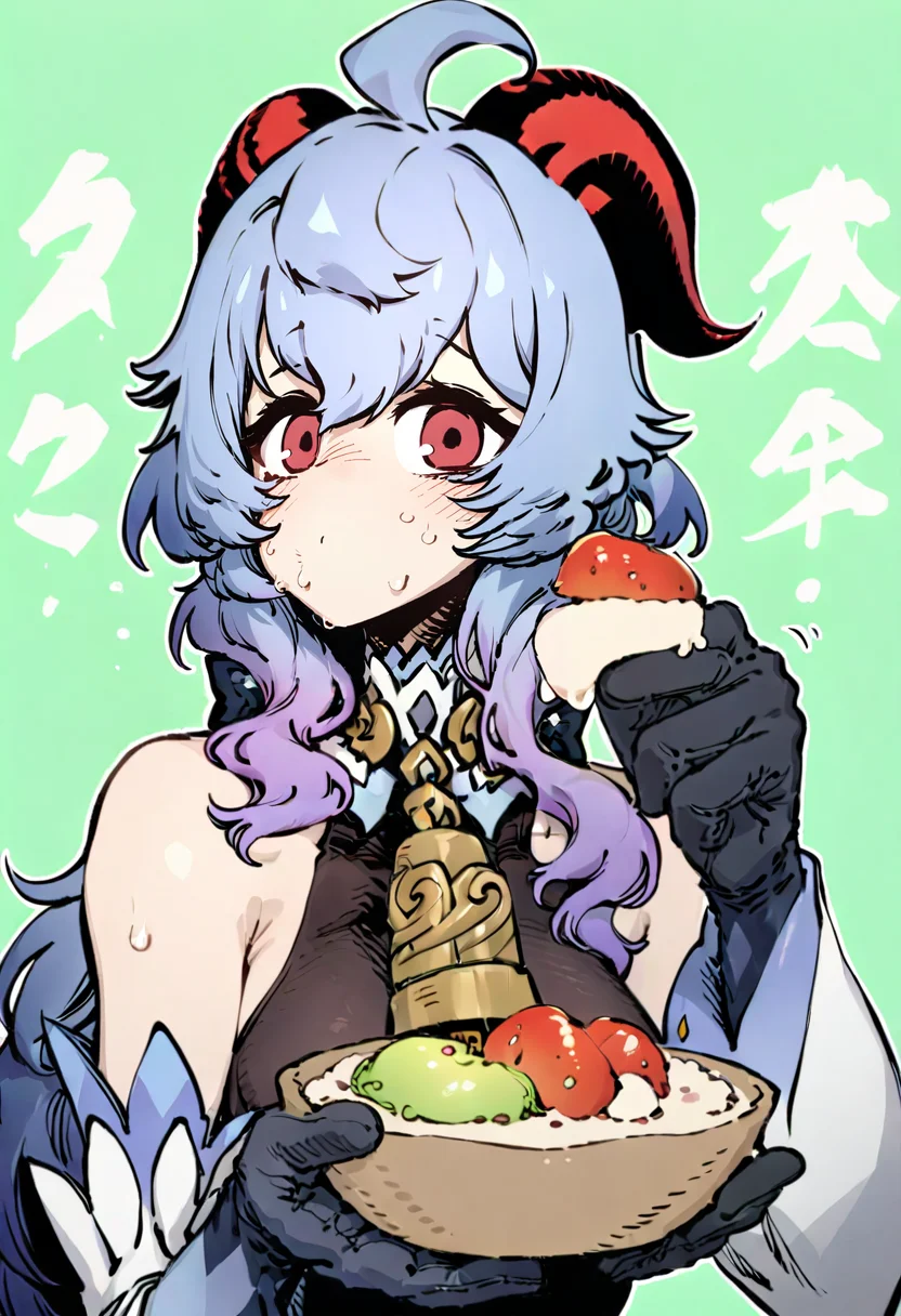masterpiece, best quality,<lora:SSAMBAteaXL_ANI31_lokr_V53P1:0.95>  1girl, ganyu \(genshin impact\), horns, blue hair, gloves, bell, ahoge, solo, long hair, black gloves, looking at viewer, detached sleeves, red eyes, bare shoulders, blush, food, neck bell, breasts, holding, upper body, bangs, fruit, green background, sweat, goat horns, eating, cowbell, hair between eyes, bowl