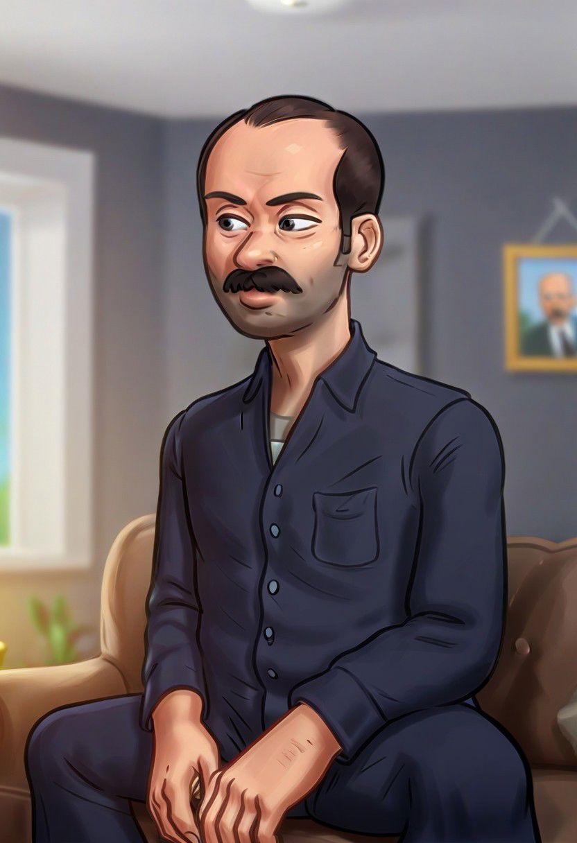 ((frontal view)), face shot of (((Harold))) from summertime saga.  drawn in the style of summertime saga. 4k, best quality, Harold has a mustache.  Living room scene