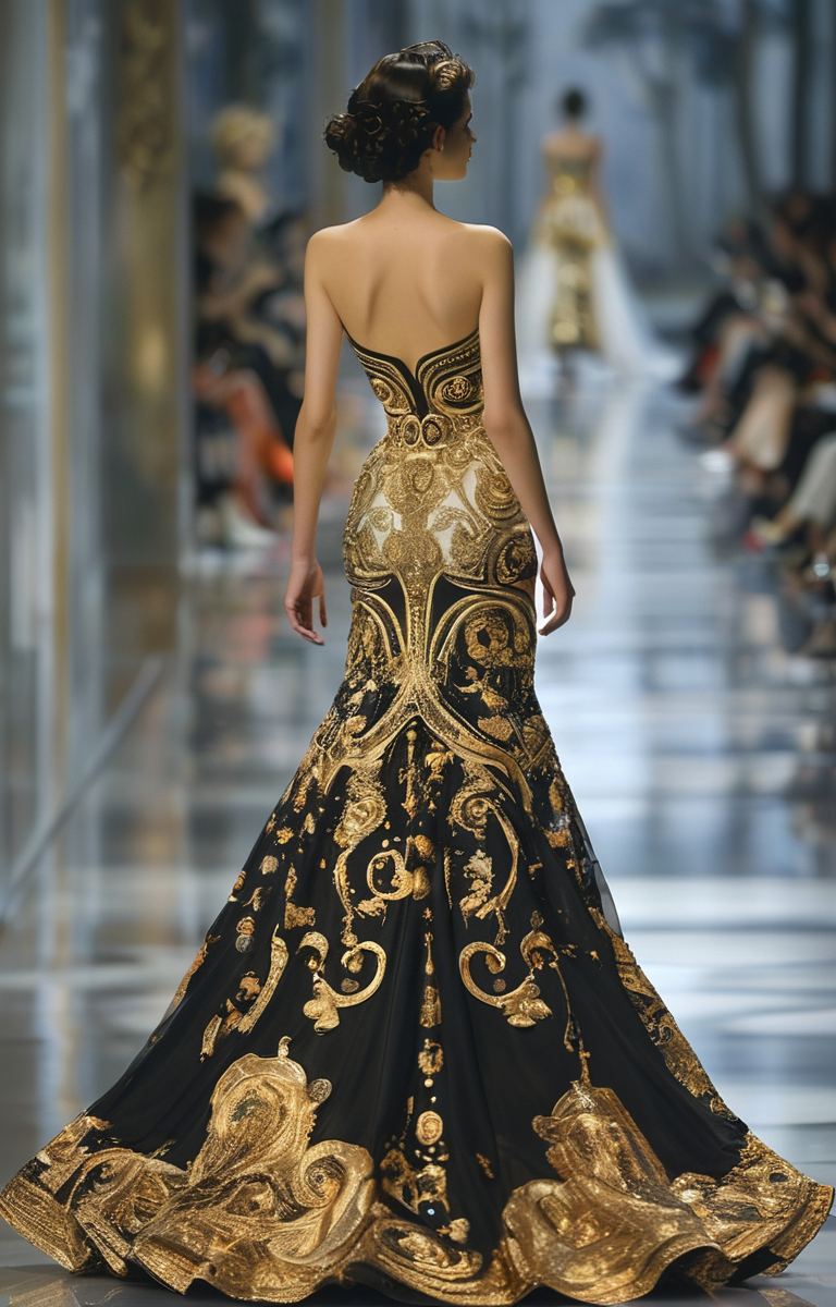 masterpiece,best quality,<lora:tbh322-sdxl:0.9>,illustration,style of Christian Dior Elegant Versace gown with signature Medusa motif, gold accents, fashion runway, high-end couture