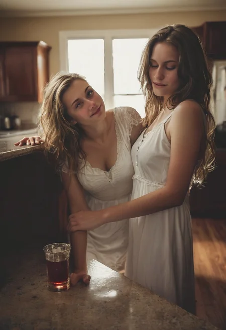 Darker lighting and atmosphere. Sensual and turned on by each other. Drinking sacrament wine.  More drunk. One woman has large breasts.Hyper realistic. More drunk and wasted. Two Mormon sister missionaries getting drunk in their apartment after a long day proselyting. They are obviously visibly very intoxicated.  Leaning together lovingly. Very drunk eyes. Very drunk sultry eye contact. more drunk expression. Disheveled hair. (((Falling, tripping, staggering, dizzy, sleepy))). (((blackout drunk))).Realistic skin. Film grain. Typical lighting wearing a nice modern dress. (((20 year old Mormon Temple square sister  missionary))). Her hair is very disheveled. She drank a lot of tequila(((heavily lidded, drunk eyes))) incoherent, and completely hammered.
 (((incoherent, wasted))) very  drunk. realistic photo.{{{increasingly wasted}}} after having way too much to drink.  (((falling down))) drunken expression. cinematic lighting. (((Flirting))). Soft contented smile. She's completely wasted and wants to have sex tonight.