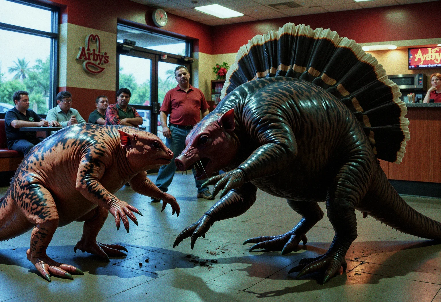 A surreal photo of a salamander-like ADVANC3DWARPT3NHUMAN, in a brutal battle to the death, against a magnificent Cockentrice on its hind leg with big butt feathers. The other customers at Arby's are very confused as it is normally just homeless people fighting.